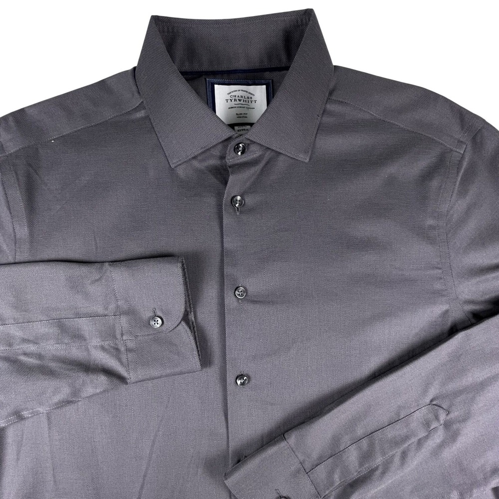 Charles Tyrwhitt Dress Shirt Mens 17/37 Gray Slim Fit Non-Iron Cotton Long Slv